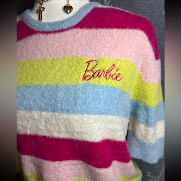 Wrangler Barbie Fuzzy Striped Sweater Pastel Colorblock Short Sleeve Top XL - Picture 4 of 5